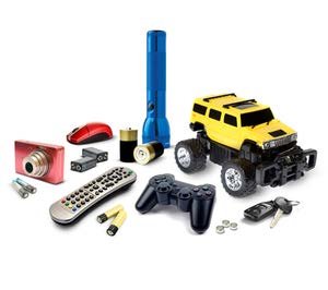 Alkaline Battery, Remote control, toy car, camera, flashlight, keys, computer mouse